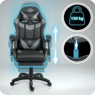 Black-gray gaming chair with footrest, up to 150 kg, furniture and interior, lighting ad in Riga 7