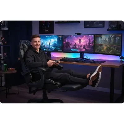 Black-gray gaming chair with footrest, up to 150 kg, furniture and interior, lighting ad in Riga 9