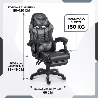 Black-gray gaming chair with footrest, up to 150 kg, furniture and interior, lighting ad in Riga 2