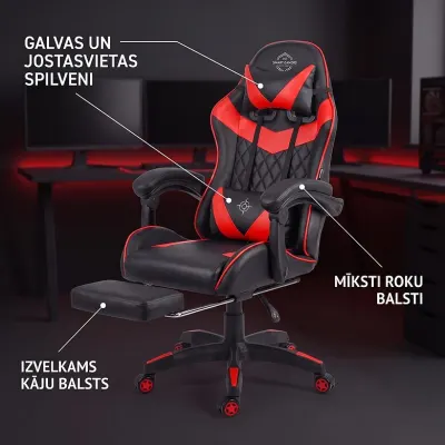 Black and red ergonomic computer chair with a footrest, supports up to 150 kg, furniture and interior, lighting ad in Riga 3
