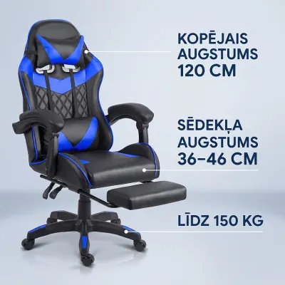 Black-and-blue ergonomic computer chair with a footrest, supports up to 150 kg, furniture and interior, lighting ad in Riga 2