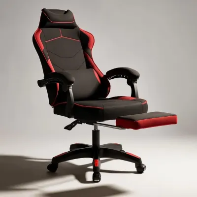 Red and black computer chair with footrest and massage cushion, fabric, up to 150 kg, furniture and interior, lighting ad in Riga 3