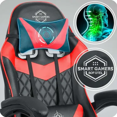 Black and red ergonomic computer chair with a footrest, supports up to 150 kg, furniture and interior, lighting ad in Riga 2