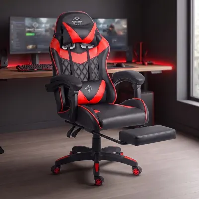 Black and red ergonomic computer chair with a footrest, supports up to 150 kg, furniture and interior, lighting ad in Riga 1