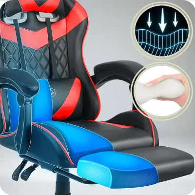 Black and red ergonomic computer chair with a footrest, supports up to 150 kg, furniture and interior, lighting ad in Riga 9