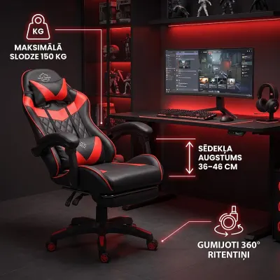 Black and red ergonomic computer chair with a footrest, supports up to 150 kg, furniture and interior, lighting ad in Riga 5
