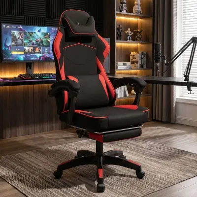 Red and black computer chair with footrest and massage cushion, fabric, up to 150 kg, furniture and interior, lighting ad in Riga 2