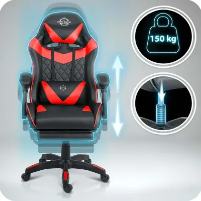 Black and red ergonomic computer chair with a footrest, supports up to 150 kg, furniture and interior, lighting ad in Riga 8