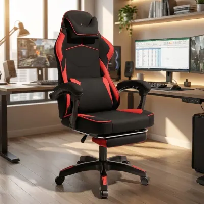 Red and black computer chair with footrest and massage cushion, fabric, up to 150 kg, furniture and interior, lighting ad in Riga 1
