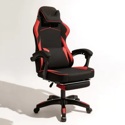 Red and black computer chair with footrest and massage cushion, fabric, up to 150 kg, furniture and interior, lighting ad in Riga 4