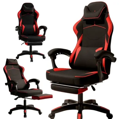 Red and black computer chair with footrest and massage cushion, fabric, up to 150 kg, furniture and interior, lighting ad in Riga 5
