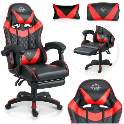 Black and red ergonomic computer chair with a footrest, supports up to 150 kg, furniture and interior, lighting ad in Riga 6