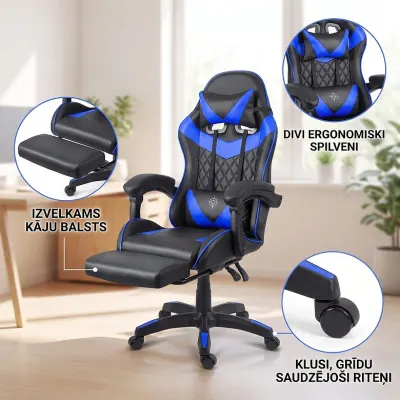 Black-and-blue ergonomic computer chair with a footrest, supports up to 150 kg, furniture and interior, lighting ad in Riga 3