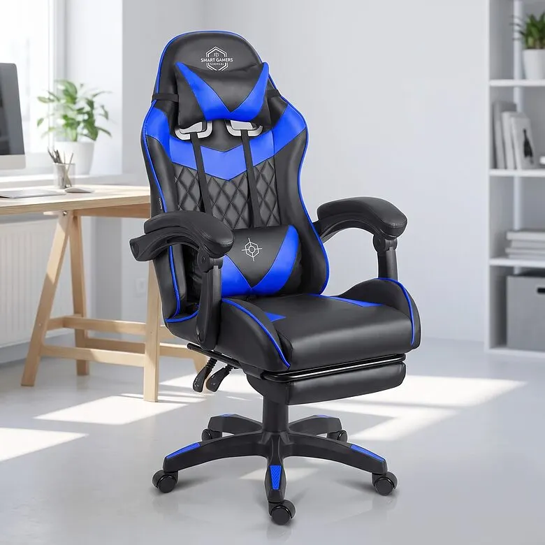 Black-and-blue ergonomic computer chair with a footrest, supports up to 150 kg, furniture and interior, lighting ad in Riga 1