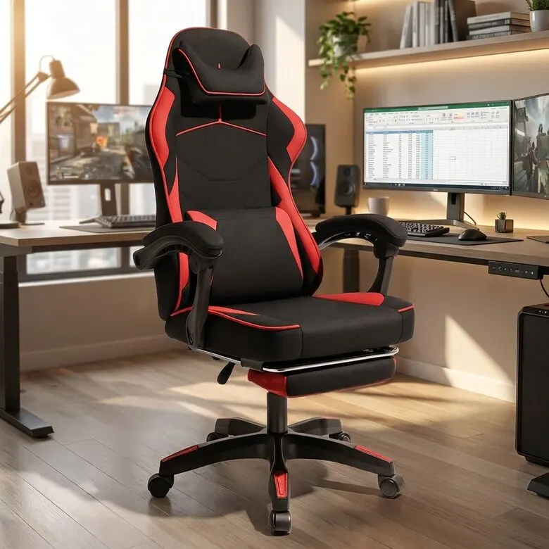 Red and black computer chair with footrest and massage cushion, fabric, up to 150 kg, furniture and interior, lighting ad in Riga 1
